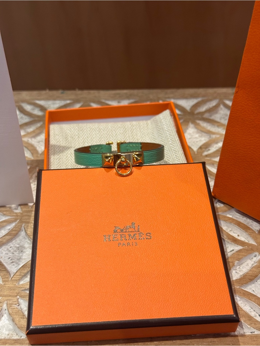 Hermès Rivale Mini Turquoise Leather Bracelet with Gold Pyramid Studs